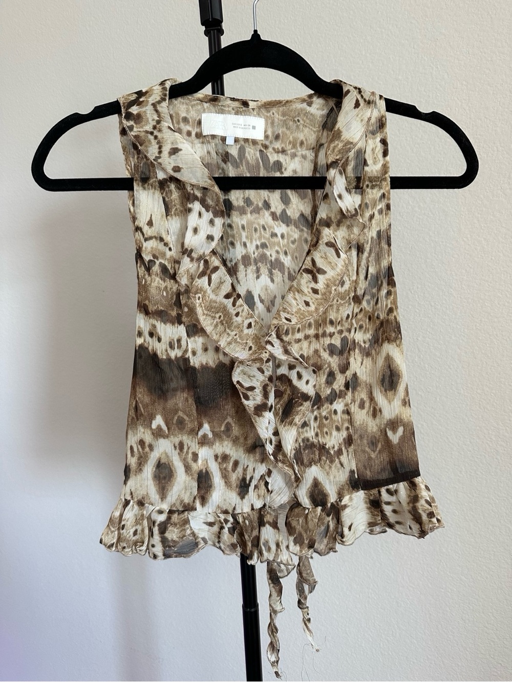 Zara Brown and Cream Animal Print Ruffle Tie-Front Camisole